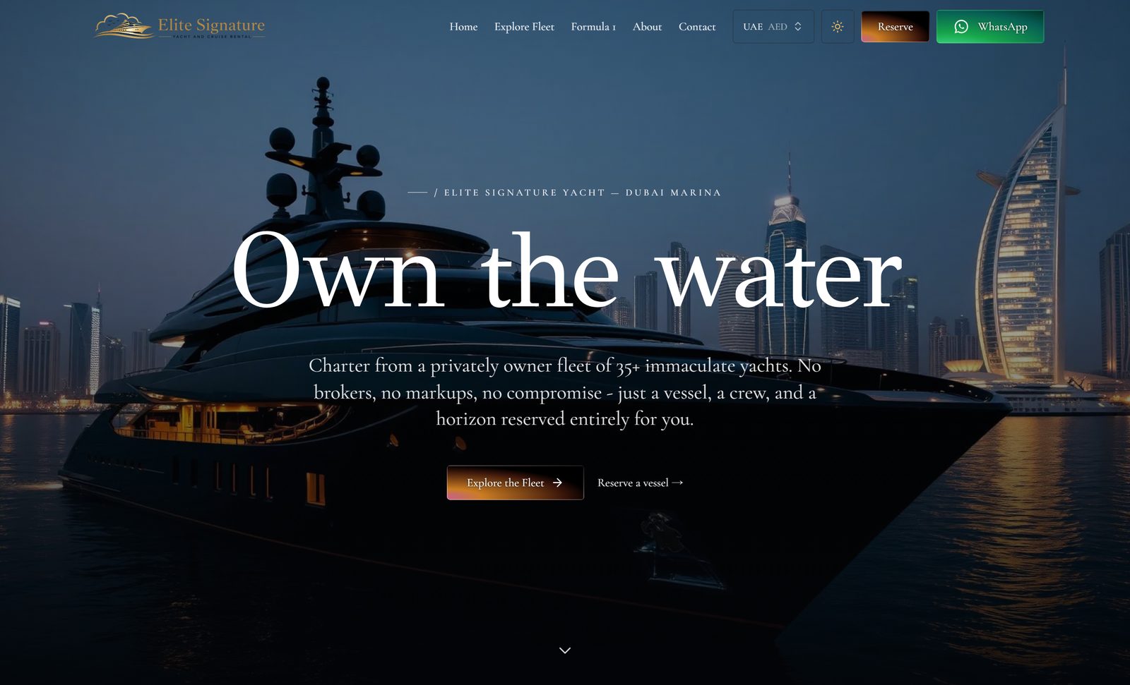 Luxury yacht charter website with a Dubai Marina fleet at dusk