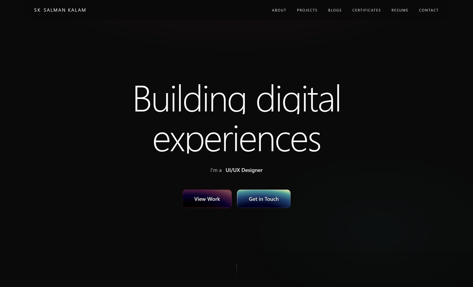 Dark typographic personal portfolio for a product designer