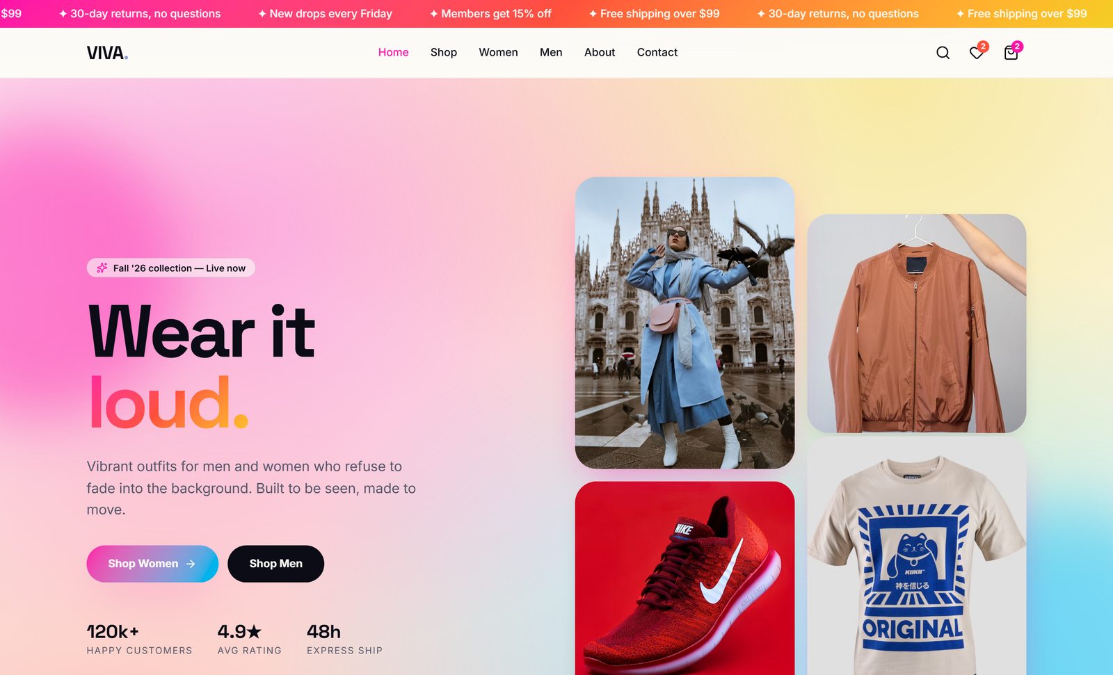 Viva fashion storefront with a gradient hero and Fall '26 drop