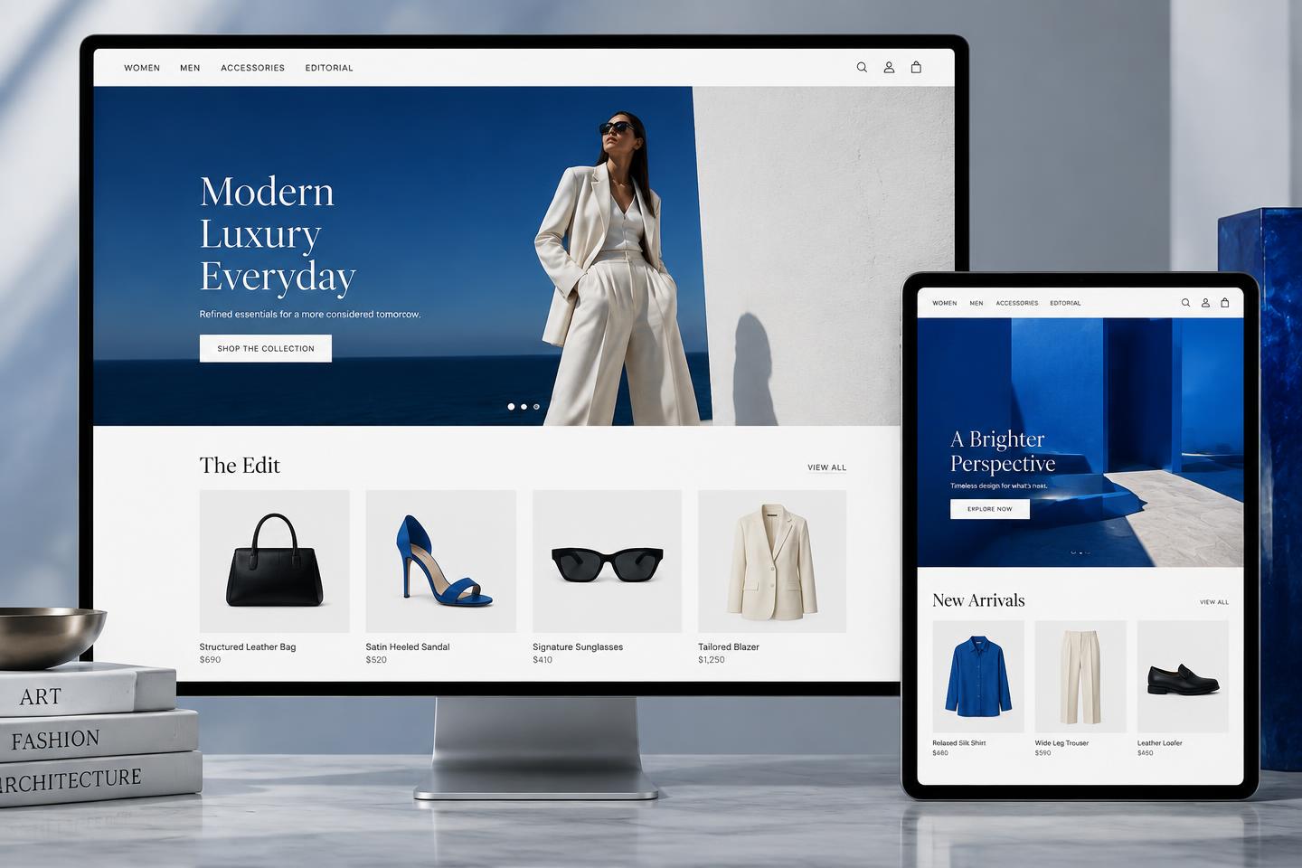 Luxury fashion e-commerce interface across desktop and tablet