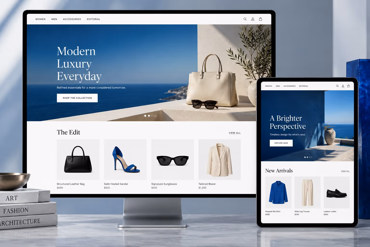 Luxury ecommerce storefront shown across desktop and tablet