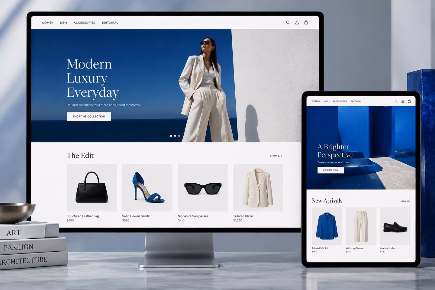 Luxury ecommerce storefront shown across desktop and tablet