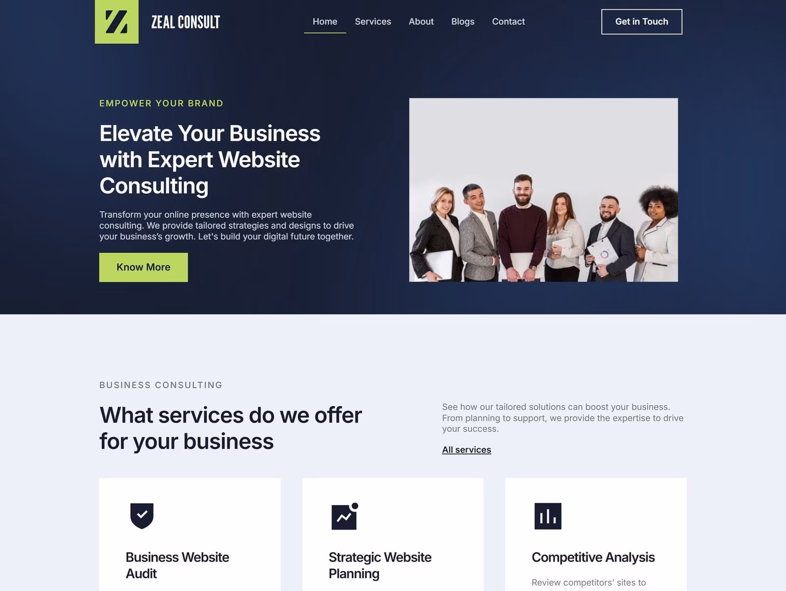 Zeal Consult business consulting website with a dark navy hero